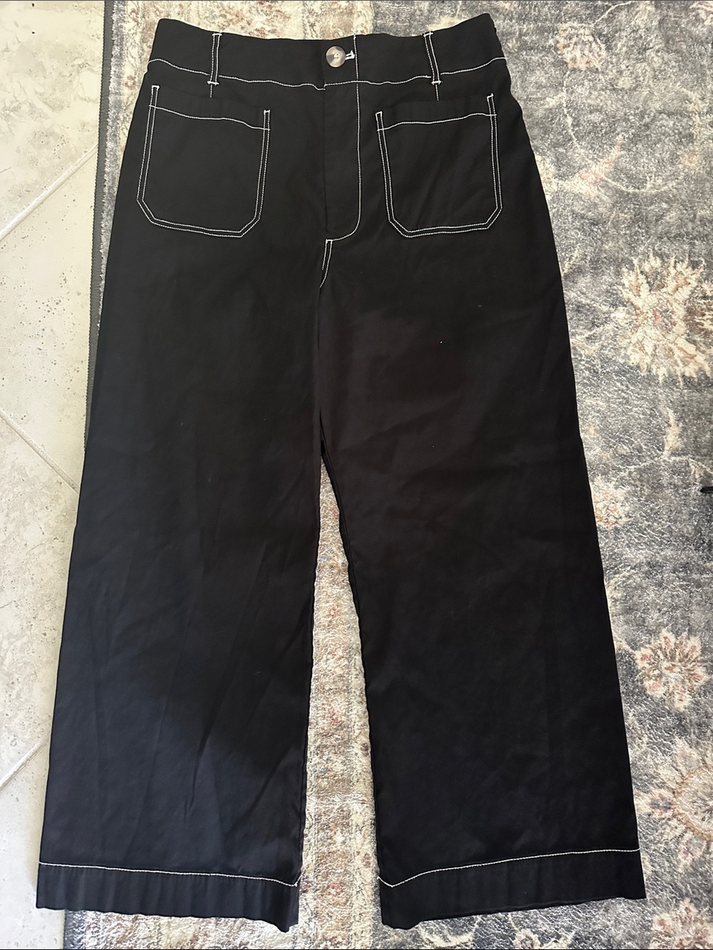 Anthropologie Maeve Colette Black Wide-Leg Pants with White Contrast Stitching - Picture 4 of 10